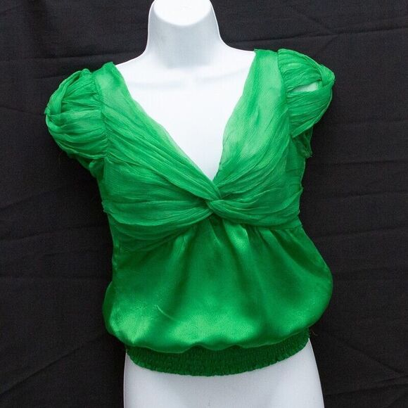 Bebe Vintage Y2K Trendy Green Satin V Neck Short Sleeve Top XS Elastic Waist - Picture 4 of 6